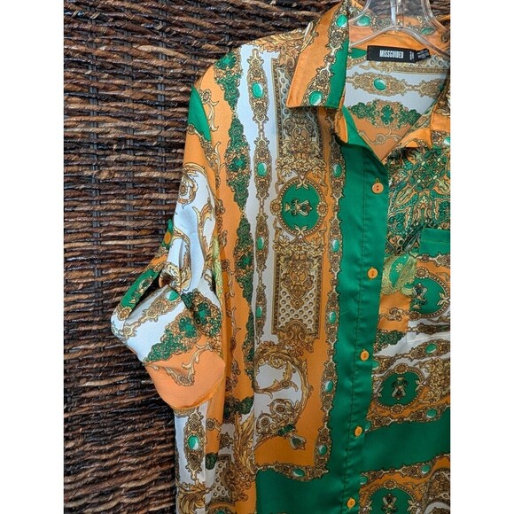 Missguided Women's Sleep Shirt 4 Green Button Up Old Money Boho Paisley Western - Picture 4 of 10